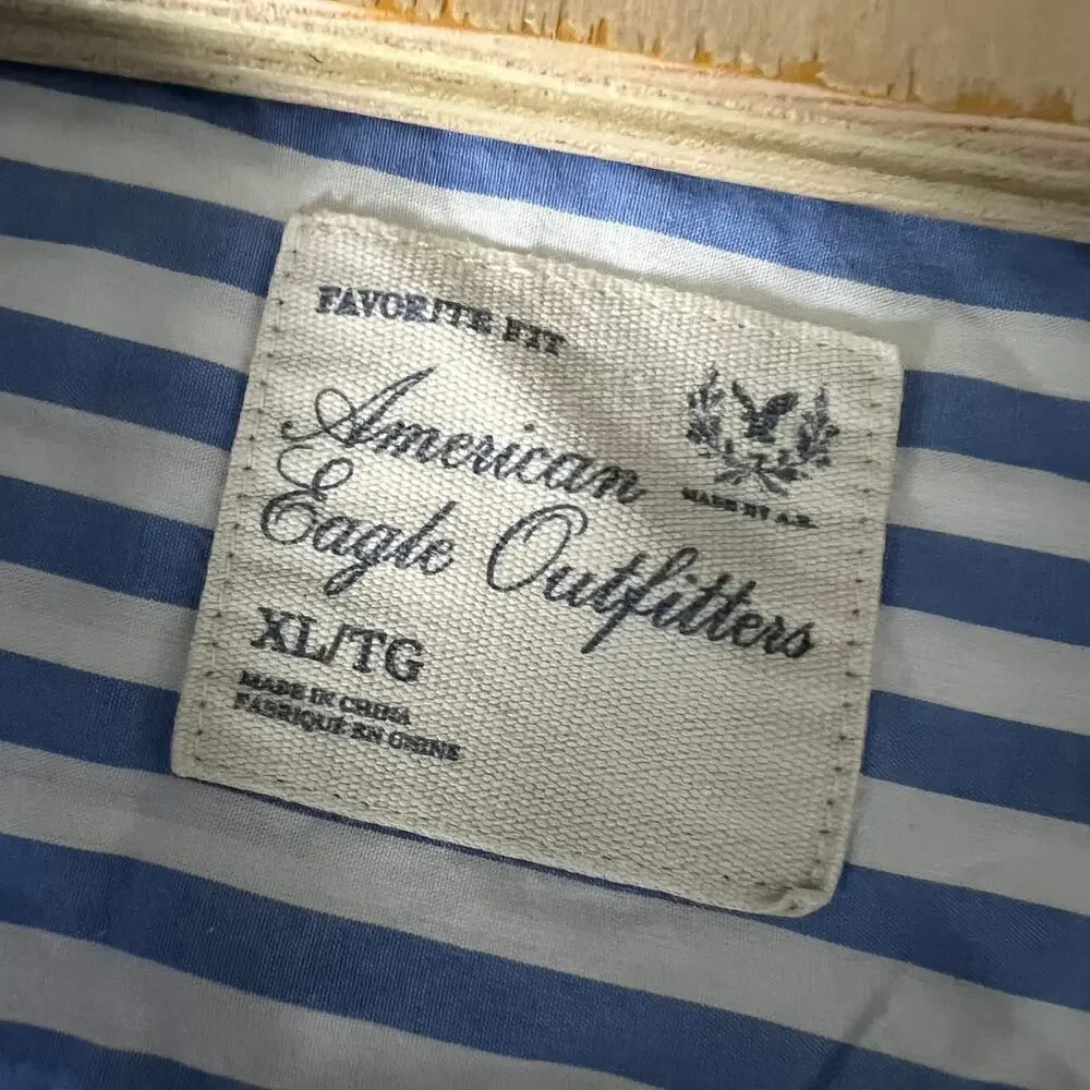 American Eagle Oxford Striped Shirt Womens Size XL Favorite Fit Blue Long Sleeve